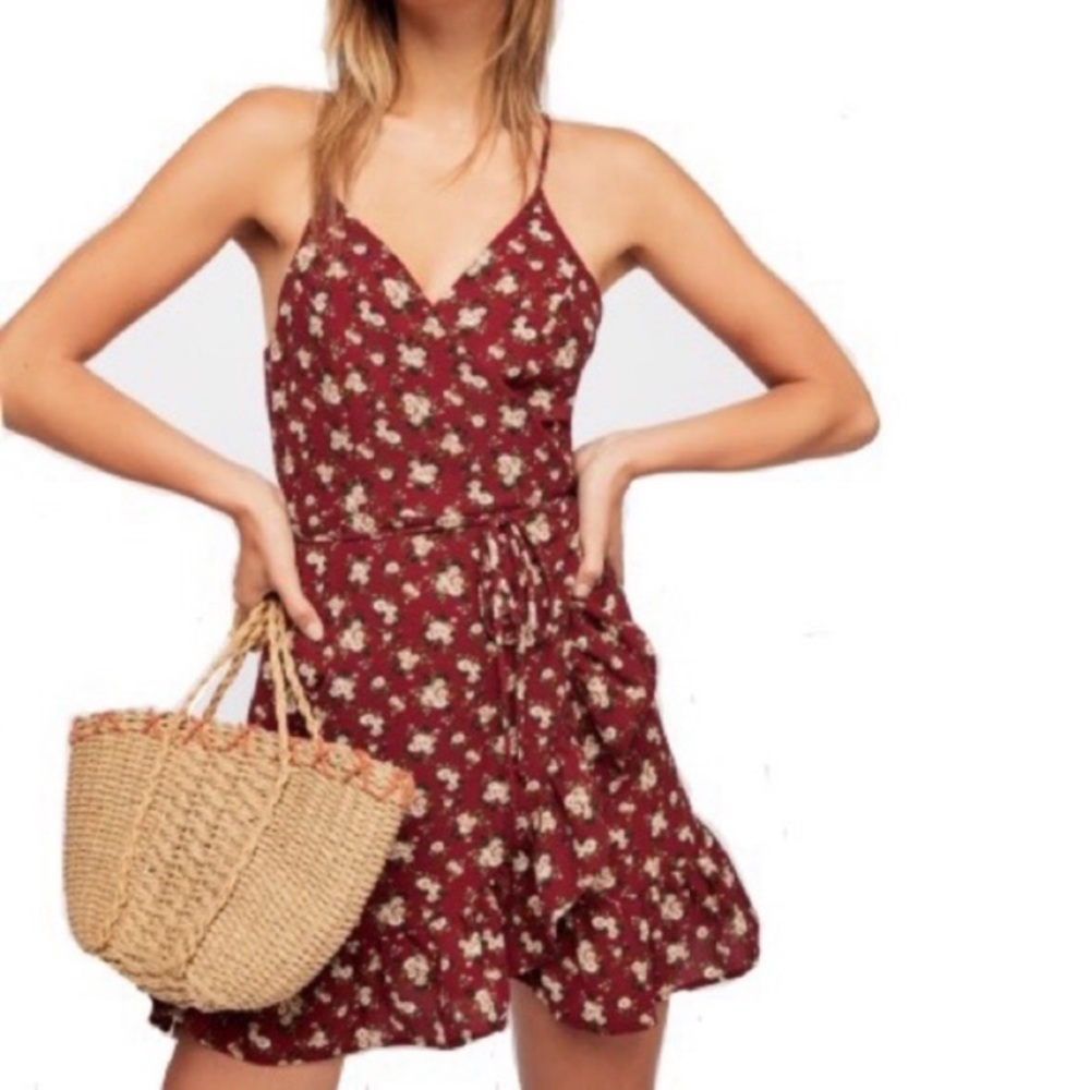Free People All My Love Wrap Floral Dress Wine Red Color - M